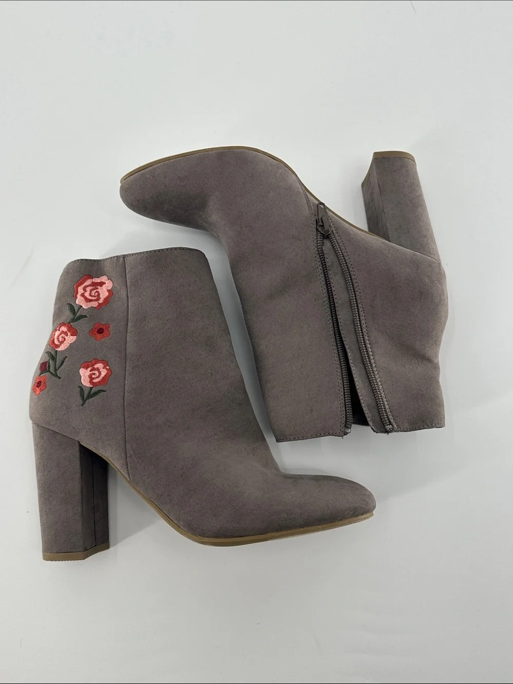 Report Gray Suede-Look Embroidered Ankle Booties
